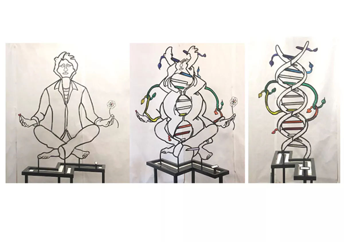 Die Metamorphose der Drahtfigur "Epigenetique" von Matthieu Robert-Ortis, Mann im Schneidersitz wird zur DNA Doppelhelix