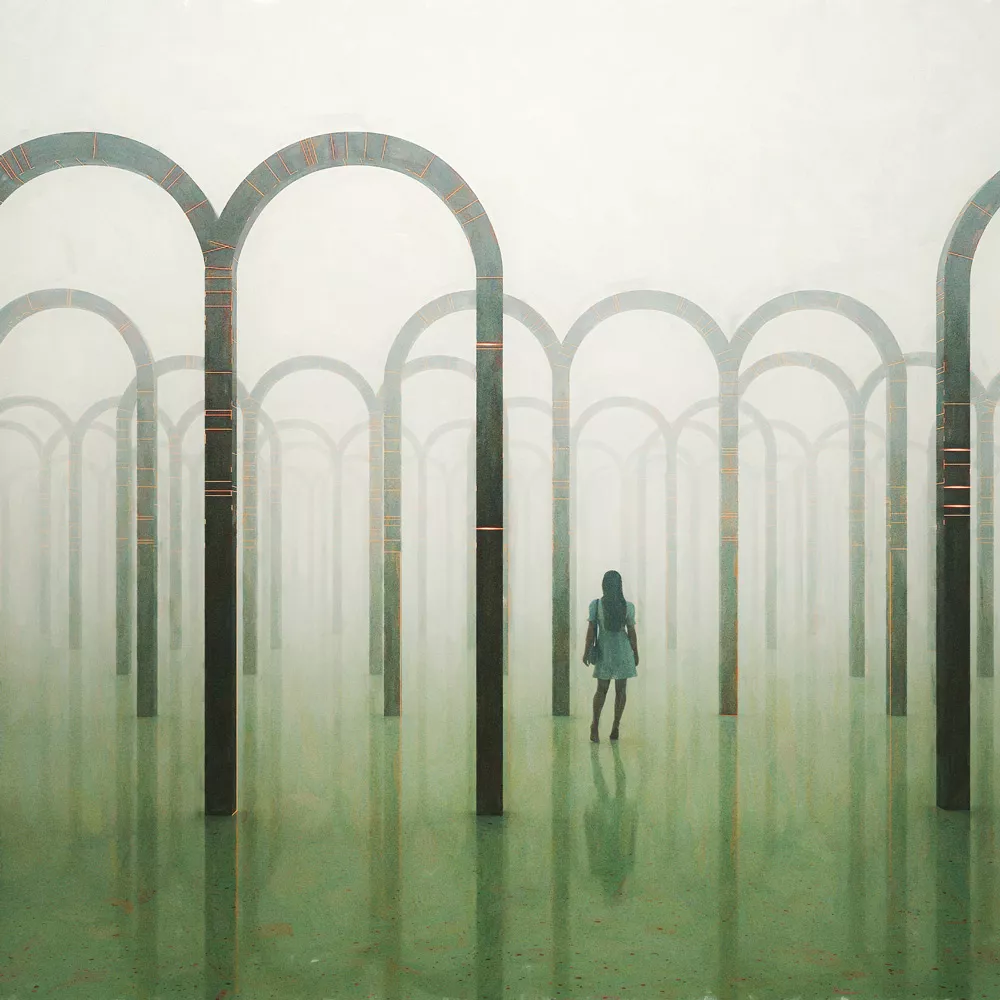 Eine Frau läuft durch ein abstraktes Labyrinth.