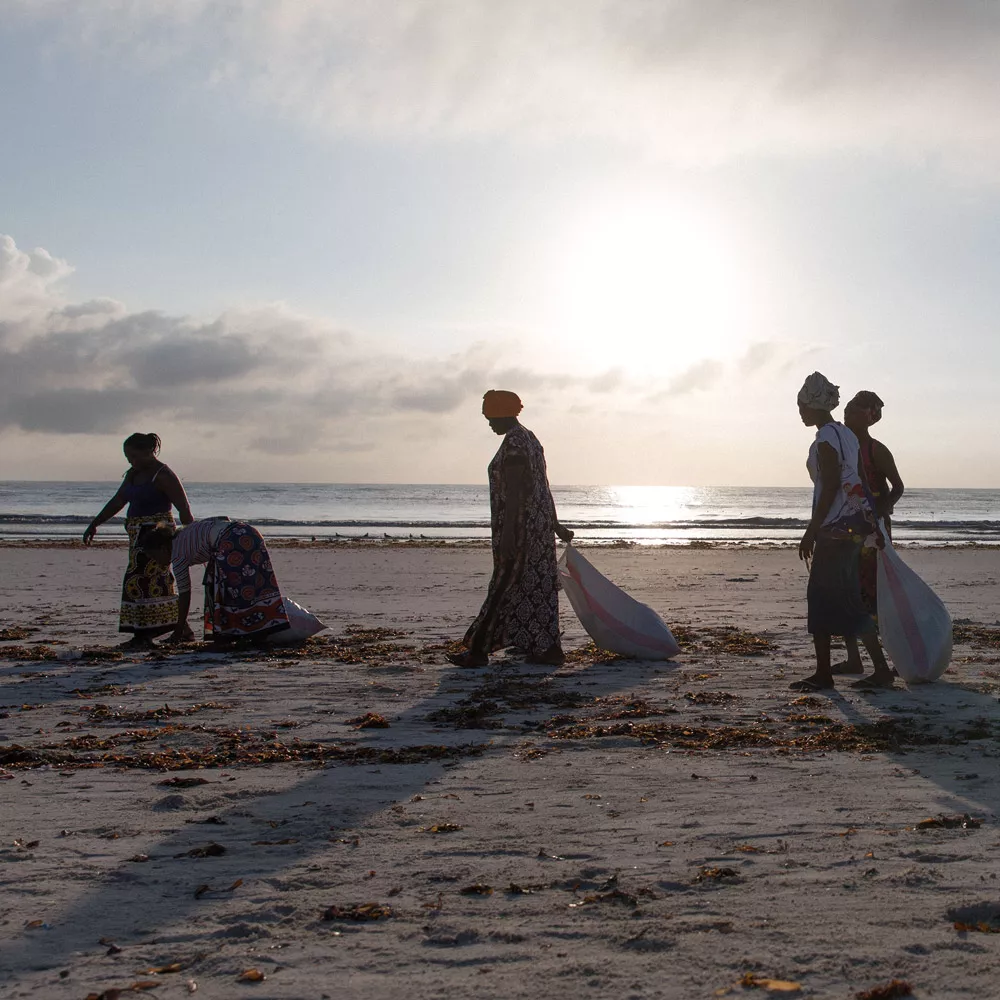 Kunst-Recycling: Frauen sammeln tragen Tüten voller Flip-Flops