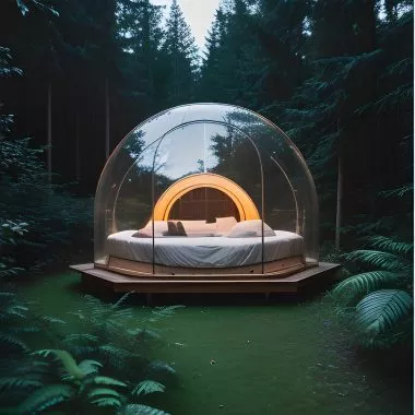 Ein Bubble Tent im Wald.