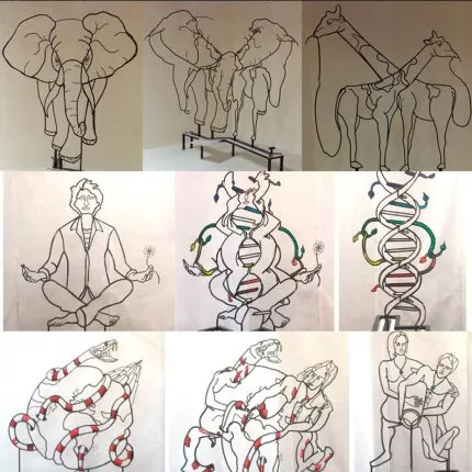 Mehrere Metamorphose der Drahtfiguren von Matthieu Robert-Ortis, Mann im Schneidersitz wird zur DNA Doppelhelix, Elefant wird zu Giraffen, Schlange und Weltkugel werden zu Eva und Wassermann