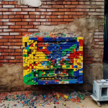 Eine Backsteinmauer, die mit Lego-Steinen repariert ist.