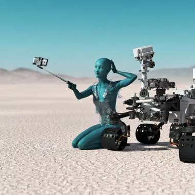Virtueller Influencer: Alien-Avatar macht ein Selfie mit Selfie-Stick