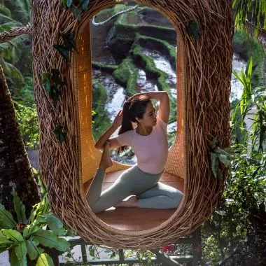 Frau macht Yoga Stretching in einem kapselförmigen Geflecht, das von einem Baum hängt